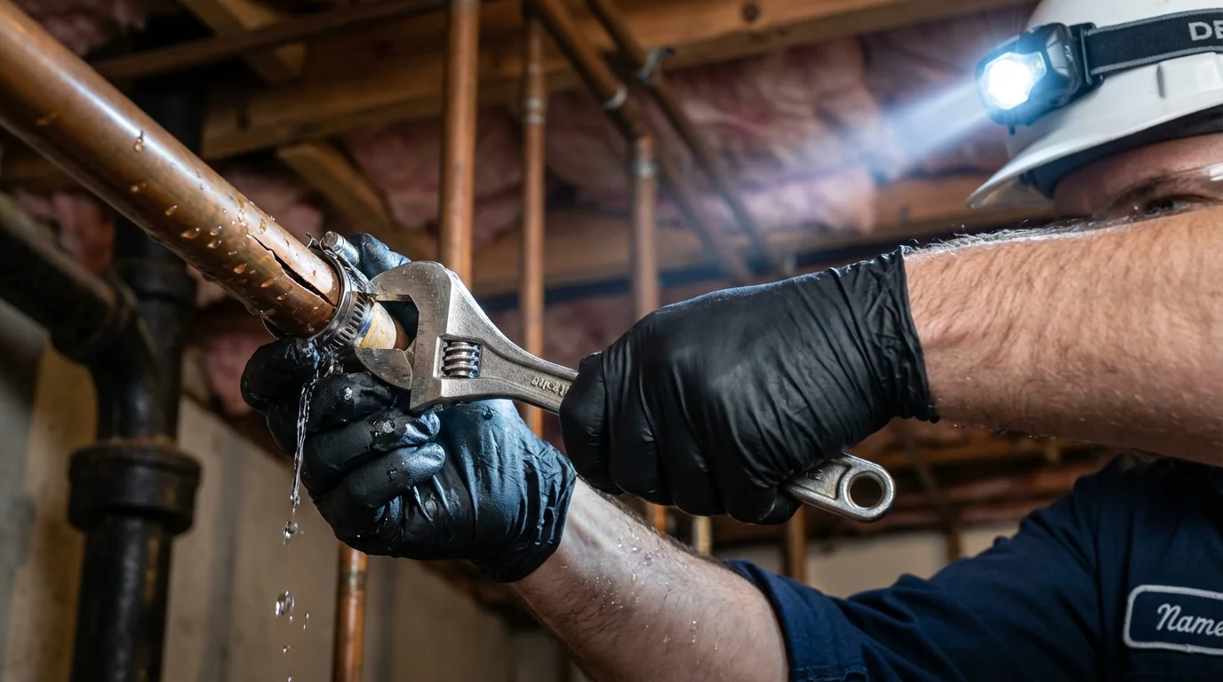 Emergency pipe clamp repair being performed by a Johns Plumbing LLC plumber in Tremont