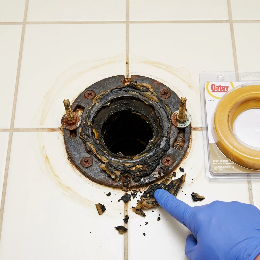 Failed wax ring showing water seepage at the base of a toilet in a Tremont, IL home