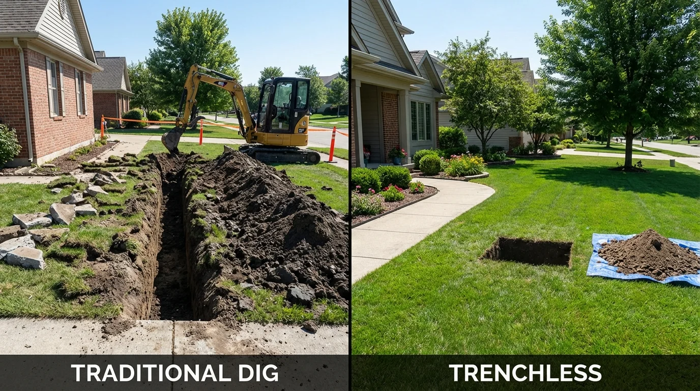 Trenchless sewer repair with minimal yard damage versus traditional excavation in Tremont, IL
